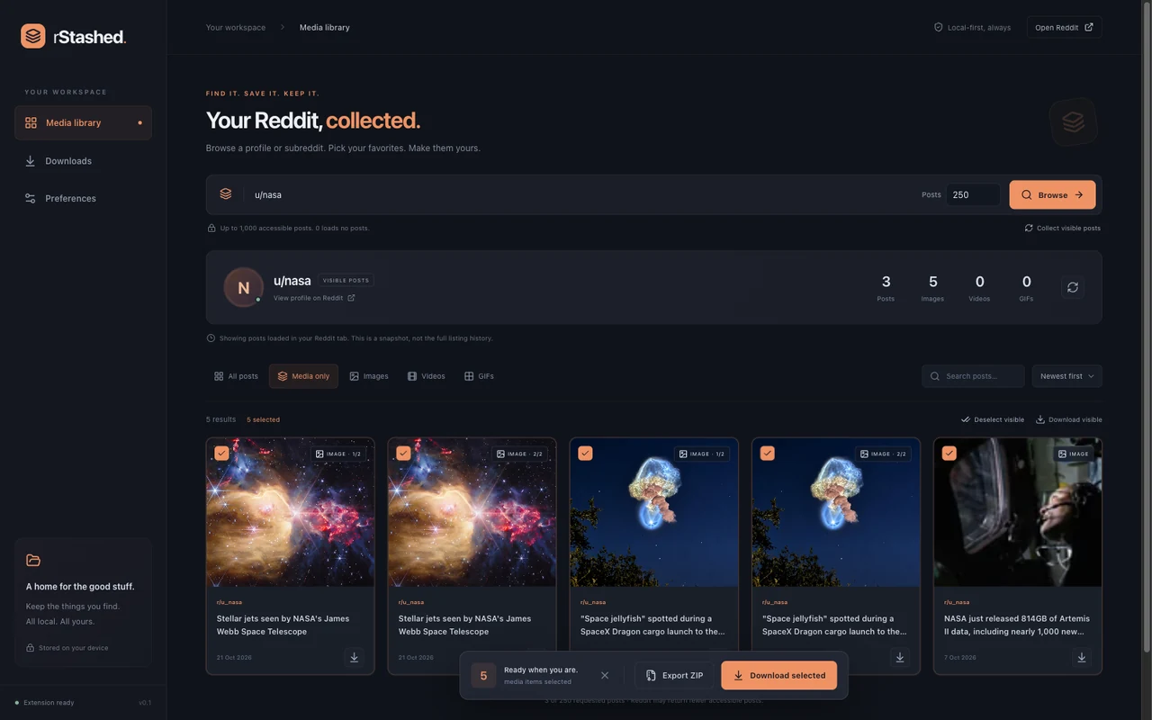 rStashed media library showing selected images from the public NASA Reddit profile